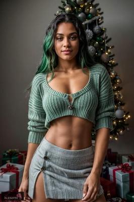 筋肉質の緑の目の女神がクリスマスツリーを飾ります