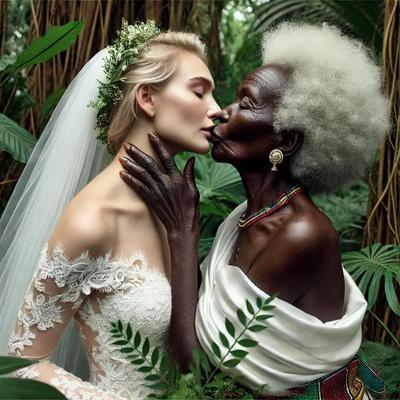 Elderly Black African women taking white European wives (AI)