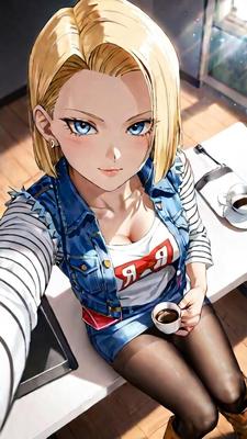 Android 18 (Dragonball) Cosplay Meetup na cafeteria.