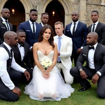 AI novia morena y padrinos de boda maridos cornudos