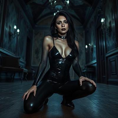 Gothgirls kniet mit KI herum und kniend