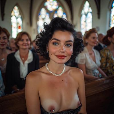 Улыбающаяся женщина мигает пронзила соски в церкви
