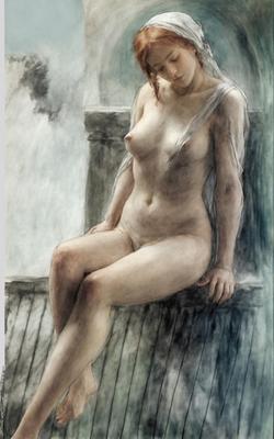 Klassische Illustrationszeichnungen von Nudist Redhead in der Öffentlichkeit