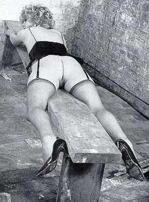 Retro Spanking Blushes picture set Wide open on basement bench