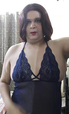 Redhead Shemale Monica M in Blue Babydoll