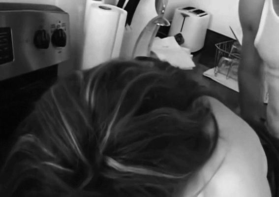 Cheating brunette wife in the kitchen