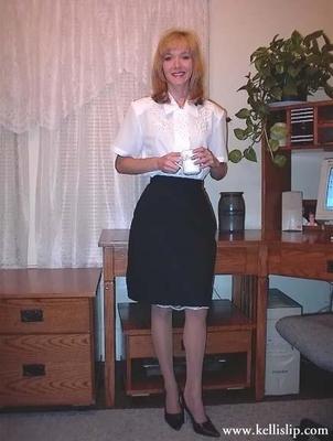 sg White Blouse, Black Skirt, White Full Slip in the Office