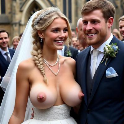 乳首の乳首ブロンドの大きなおっぱいを持った笑顔の花嫁